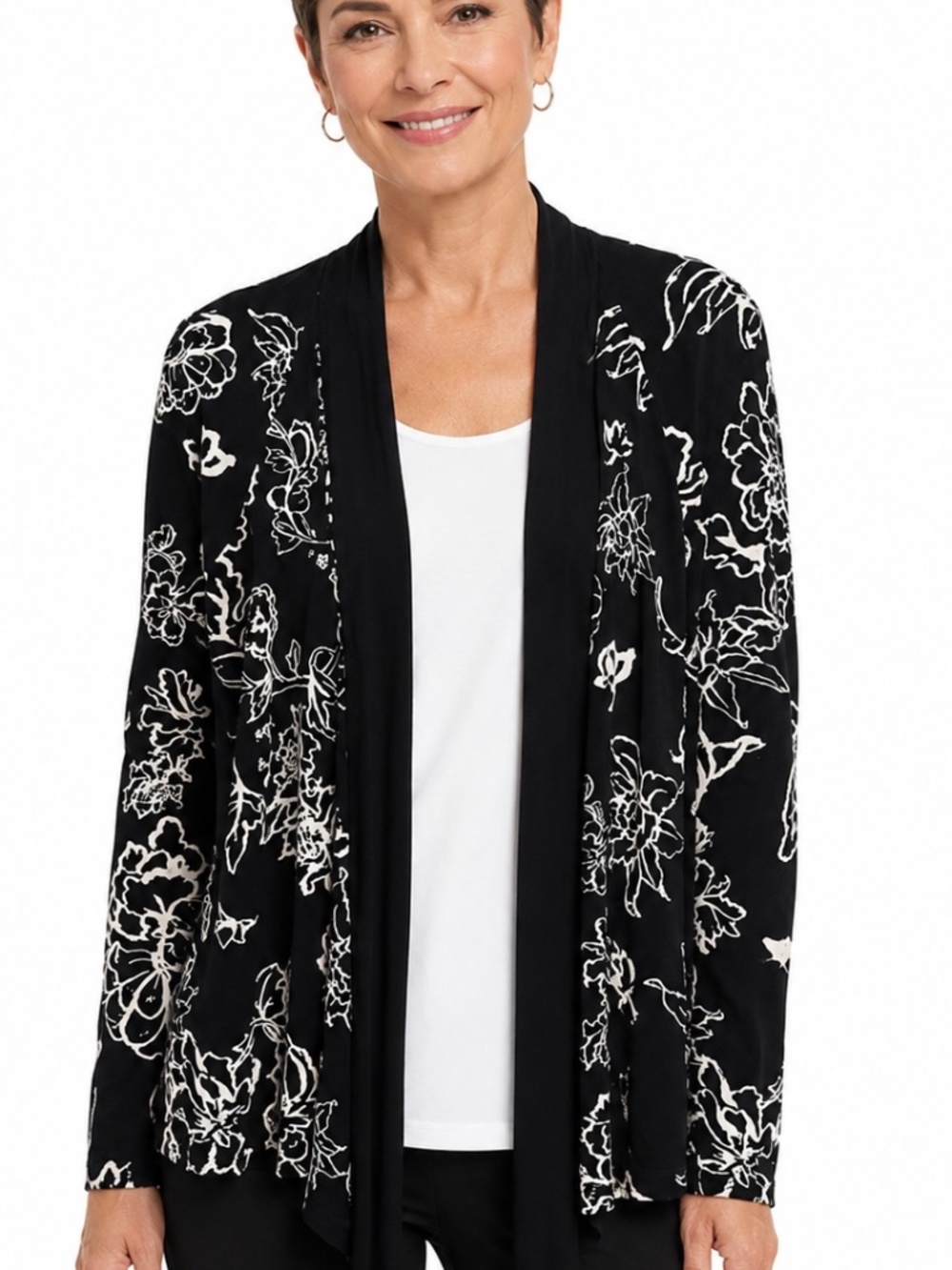 Chico’s Travelers open front, cardigan in floral print.